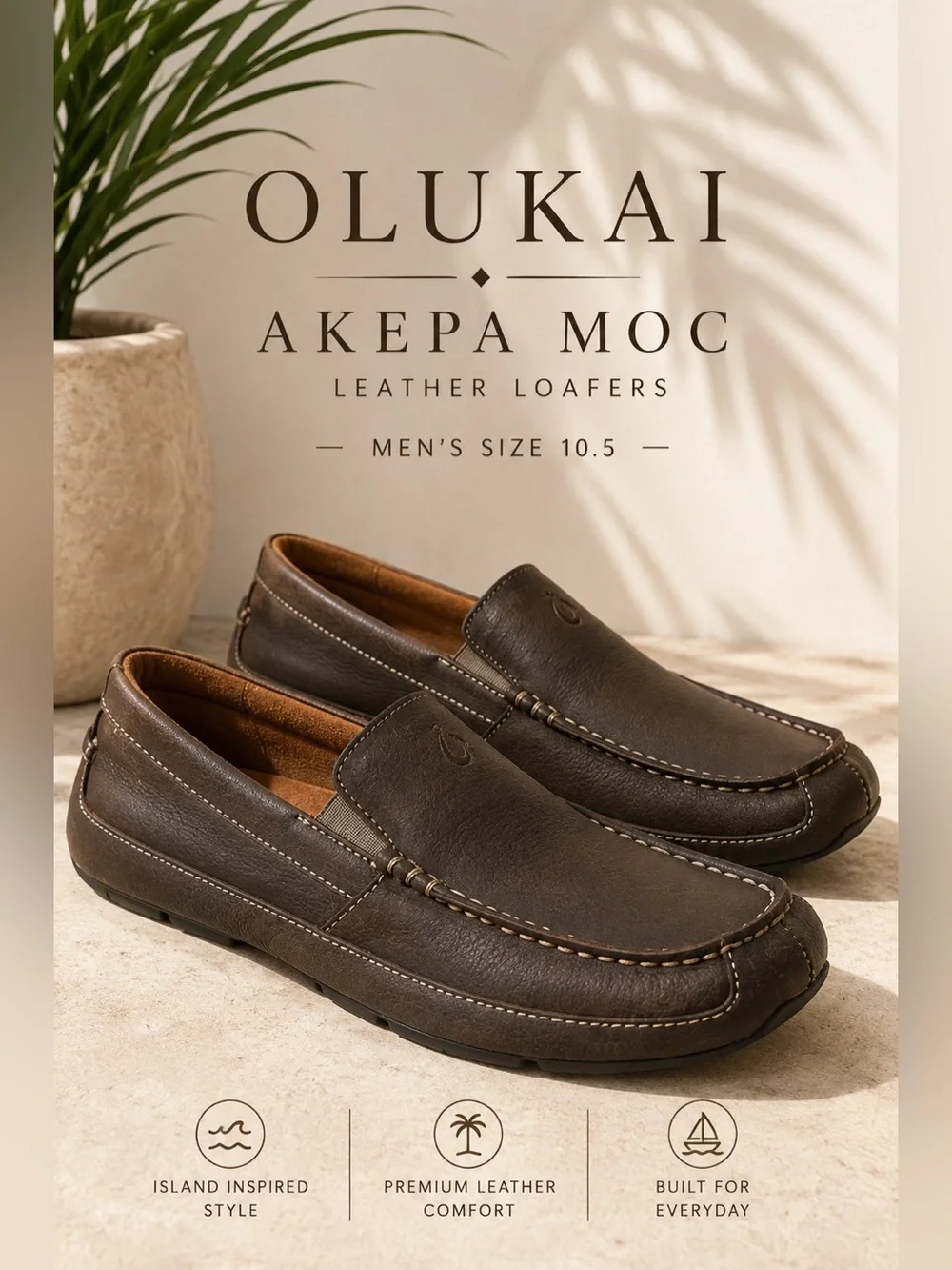 OluKai Akepa Moc Leather Loafers Dark Brown Men’s 10.5